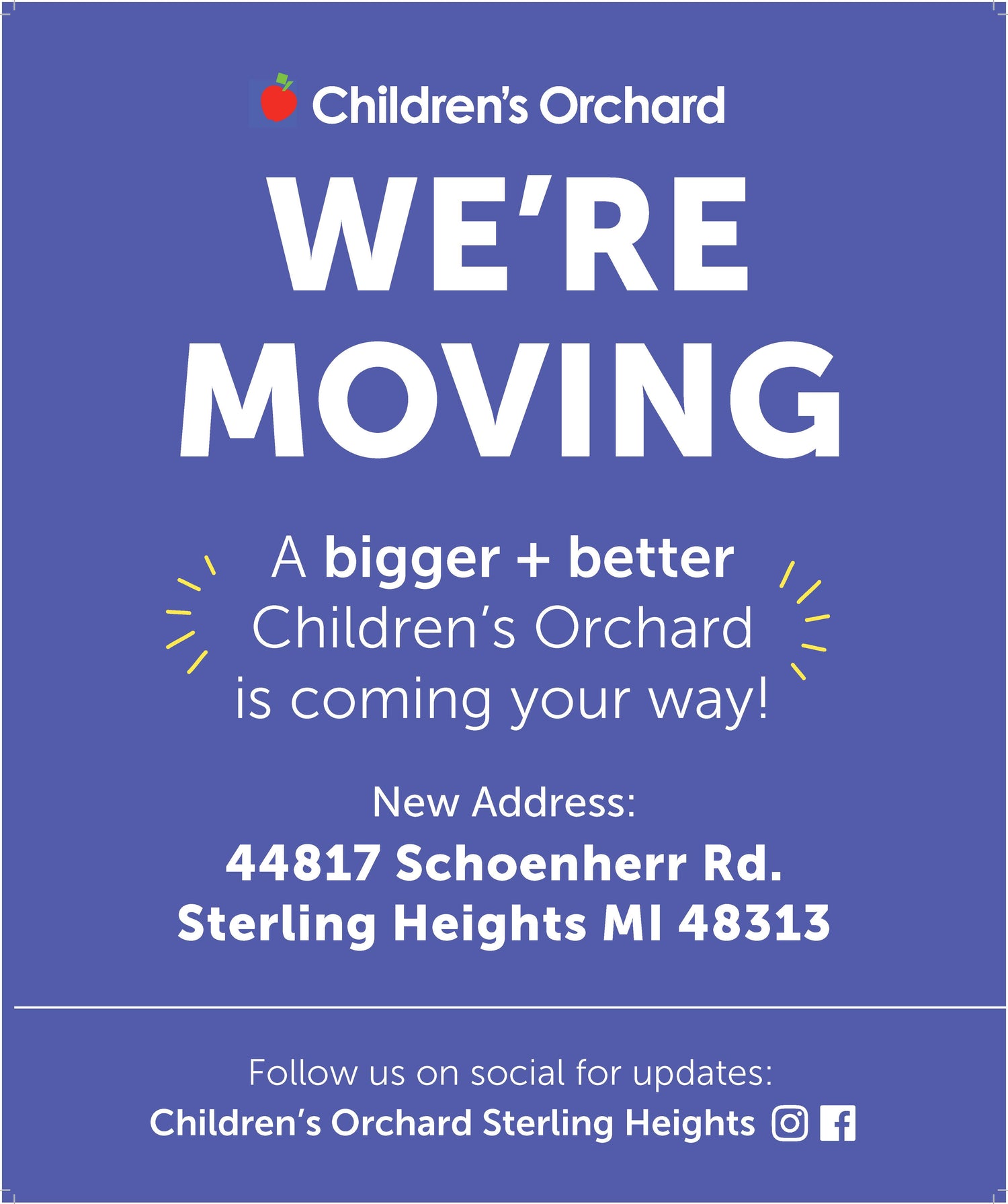 Advertisement for Children's Orchard moving to a new location with contact information.
