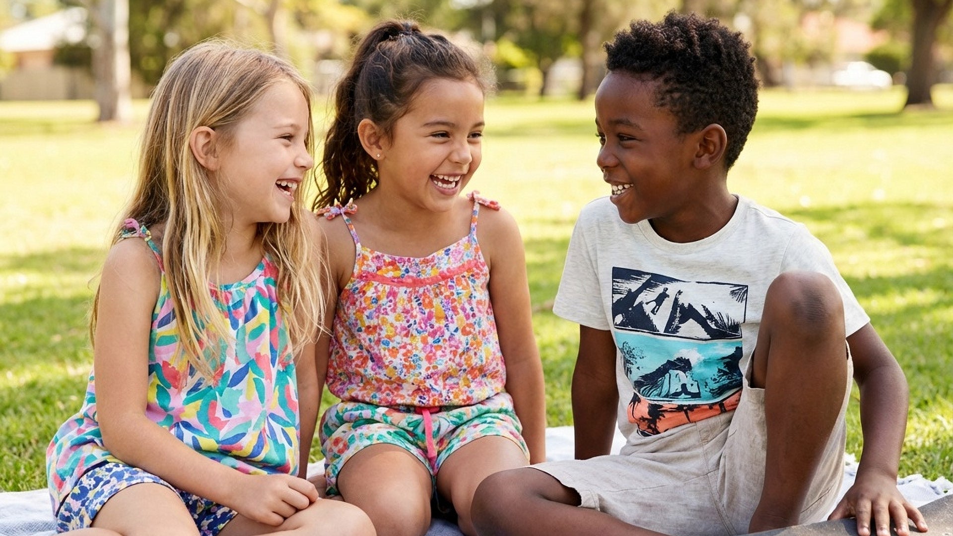 Three children sitting on a blanket in a park, laughing and enjoying each other's company.